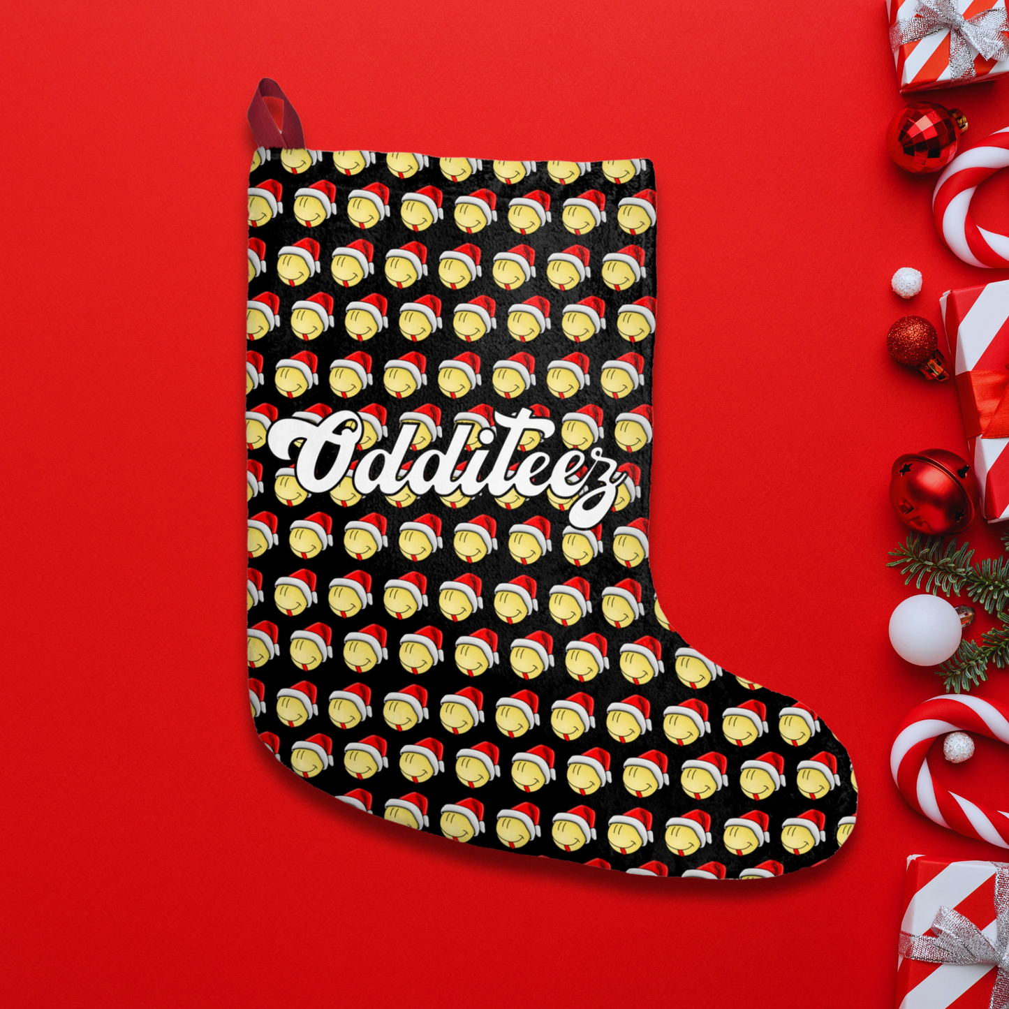 Odditeez brand emoji face design, Non-Traditional Black Christmas Stocking