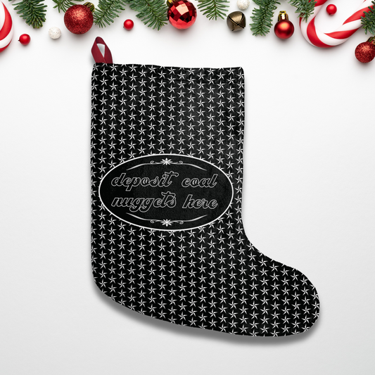 "Deposit coal nuggets here" satire design, Black & White Star Christmas Stockings