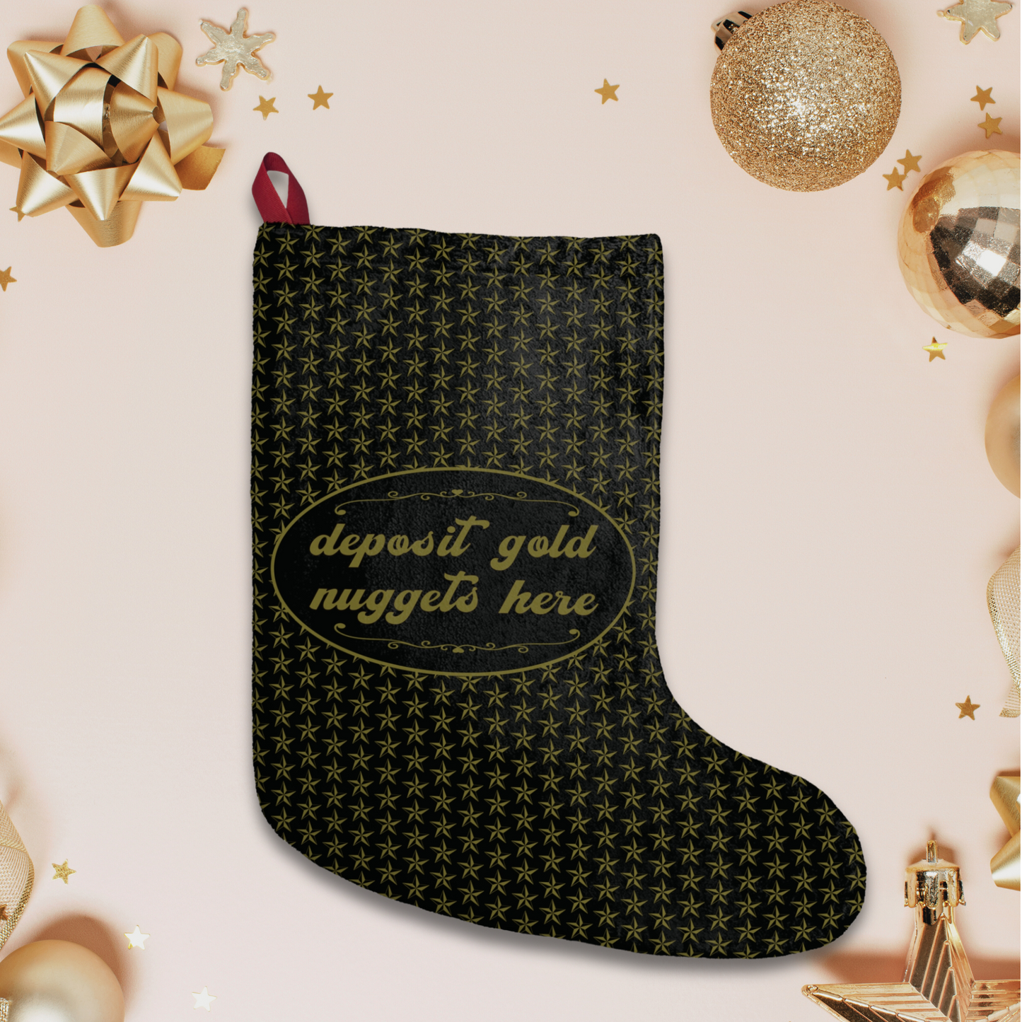 "Deposit gold nuggets here" satire design, Black & Gold Star Print Christmas Stockings