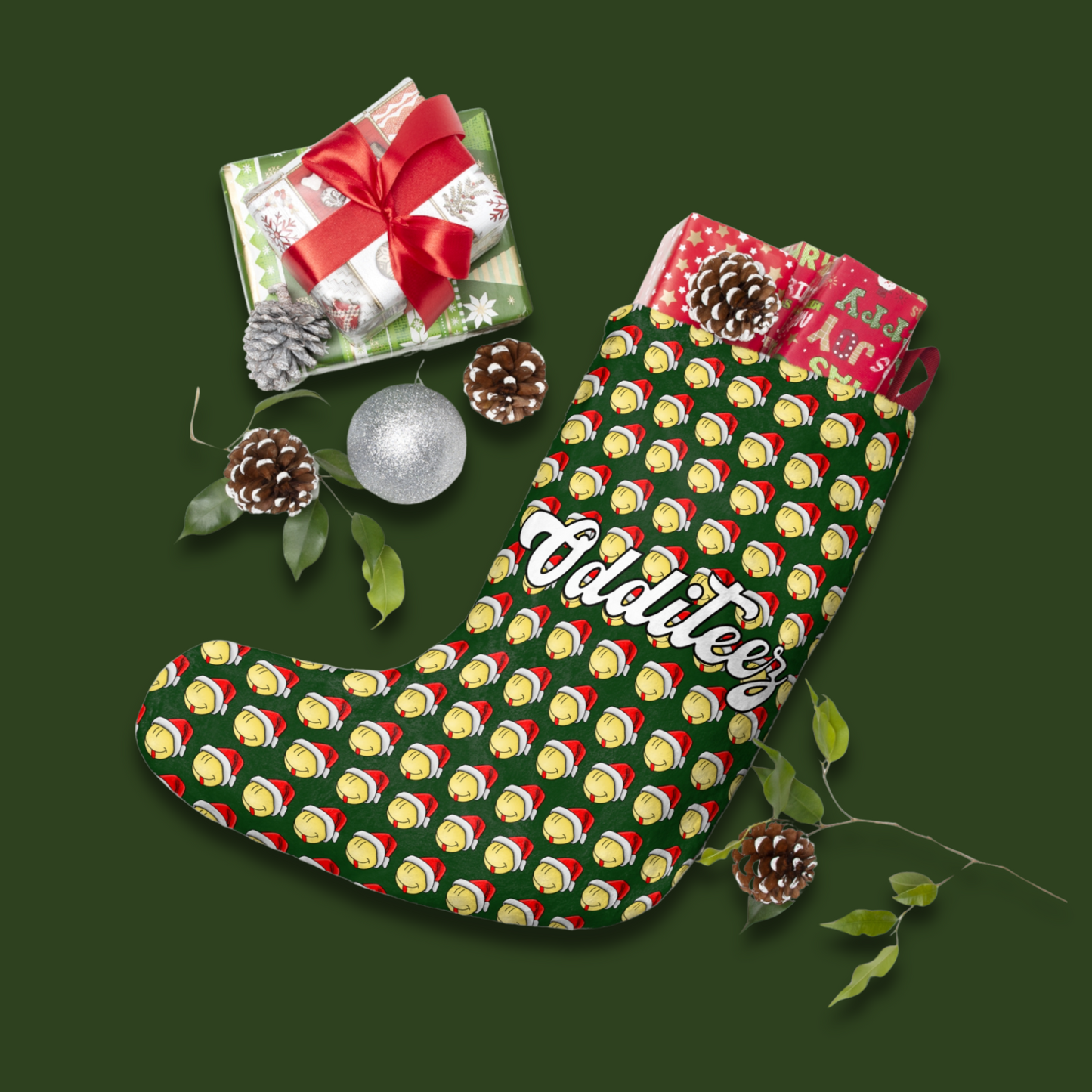 Odditeez brand funny faced emoji design, Dark Green Christmas Stocking