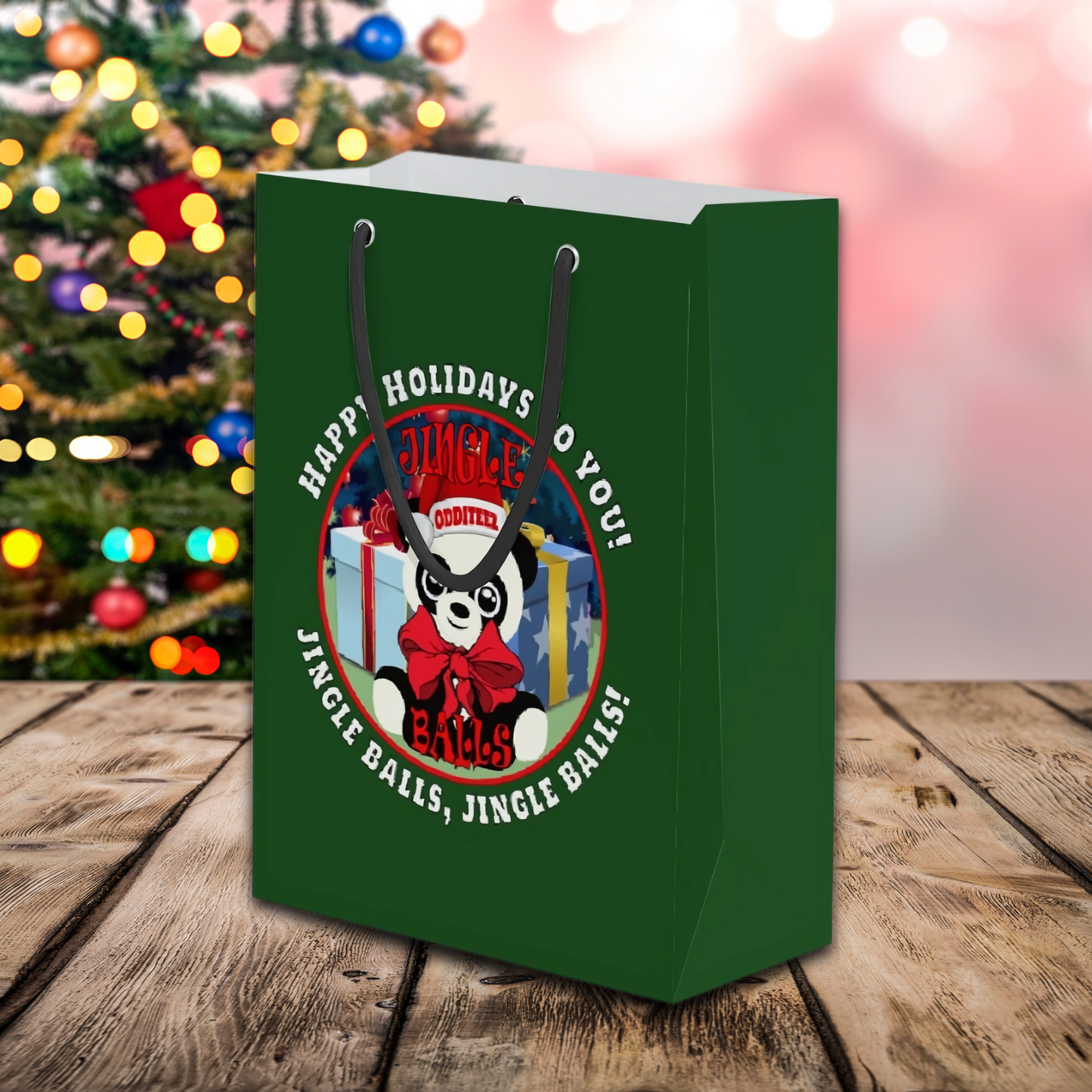 "JINGLE BALLS" design, Dark Green Premium Quality Gift Bags (bulk qty of 10-3,000 each)