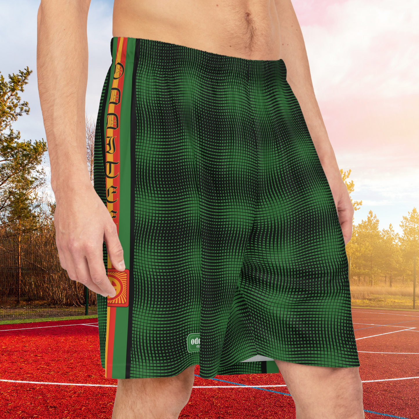 "Zoomies" alienesque pattern design, Dark Alien Green Men's Jersey Basketball Gym Shorts