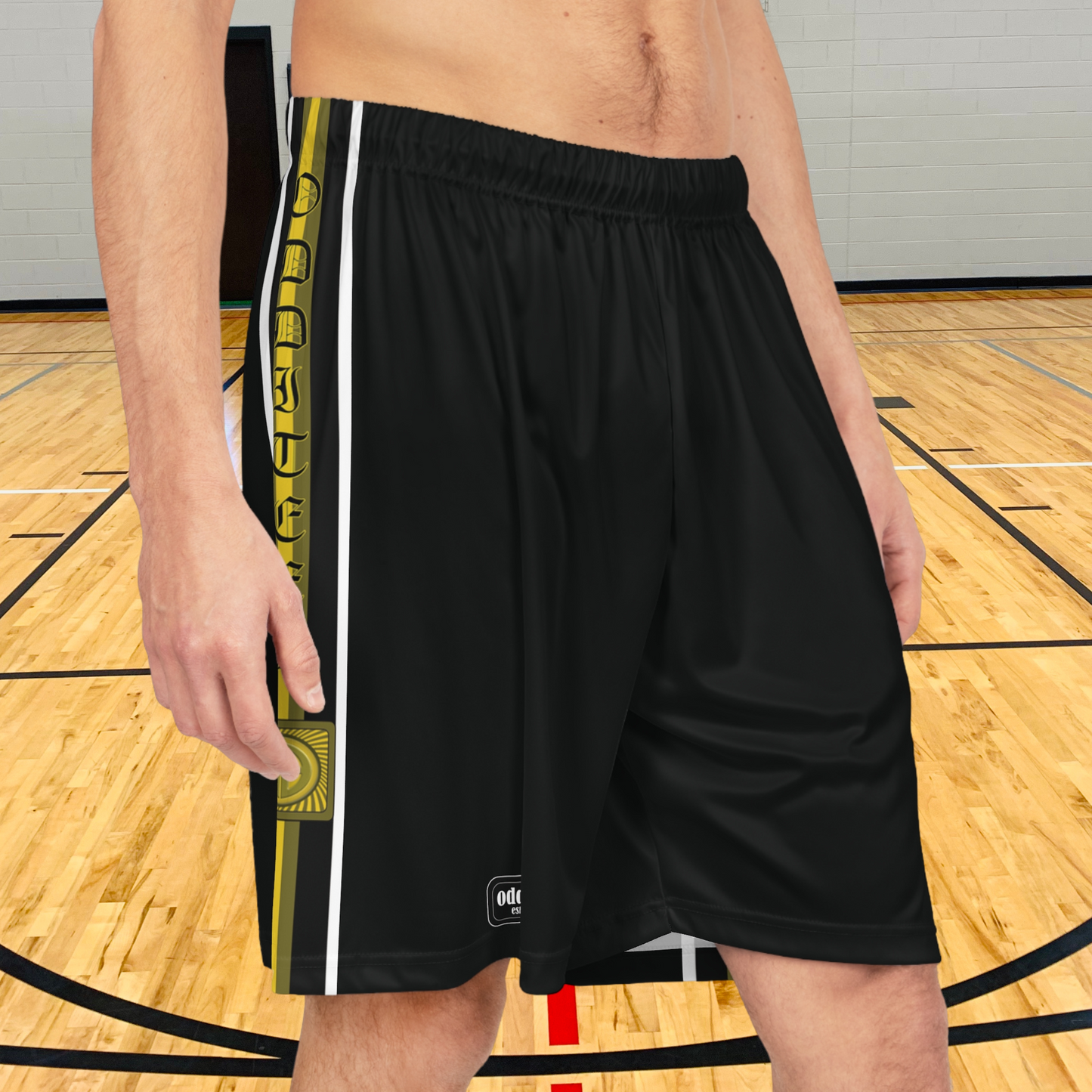 Gold, Yellow, Black & White Striped logo design, Black Men's Basketball Jersey Gym Shorts