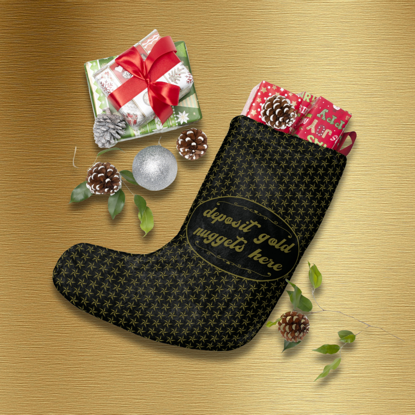 "Deposit gold nuggets here" satire design, Black & Gold Star Print Christmas Stockings