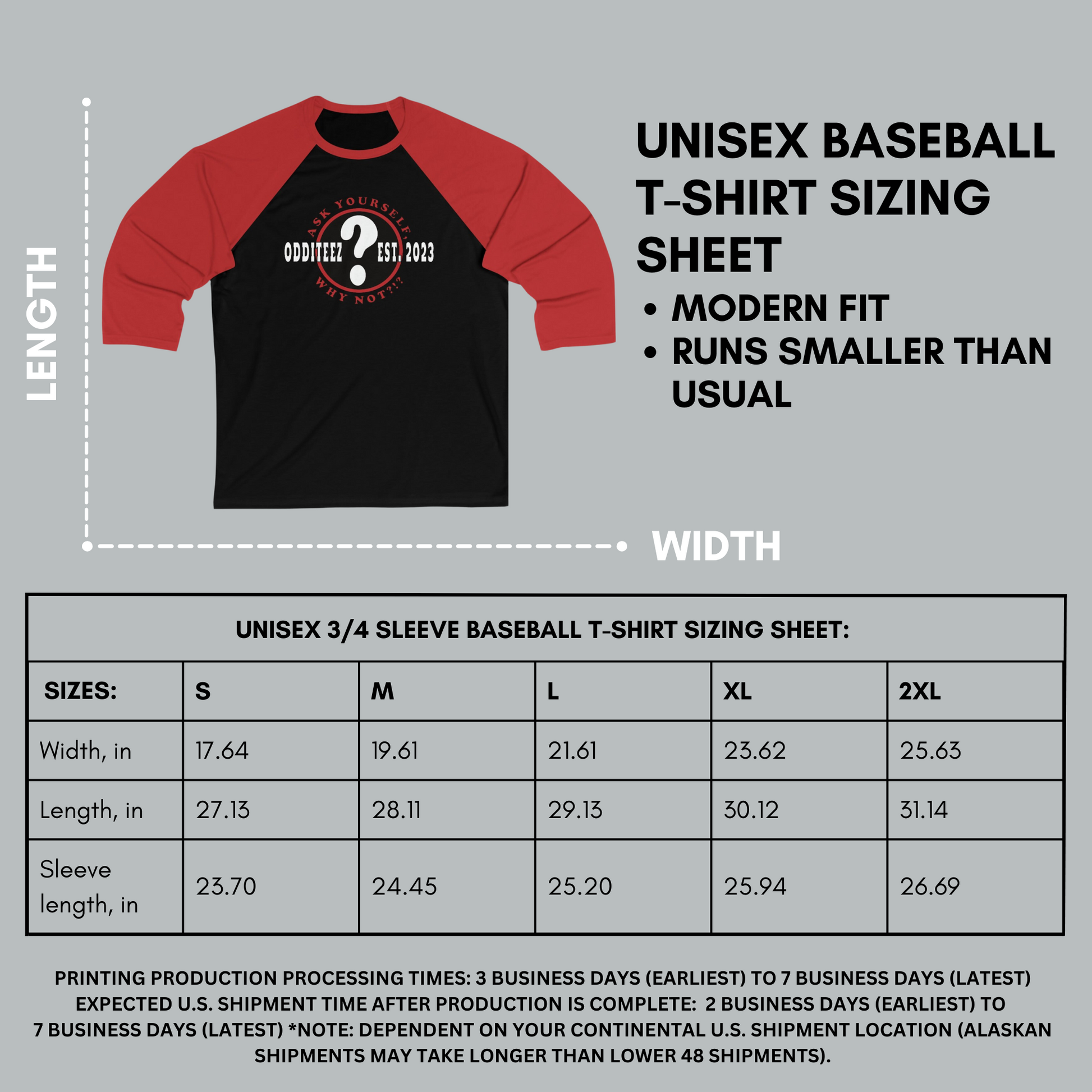 Unisex Baseball Sleeve T-shirt Sizing Sheet