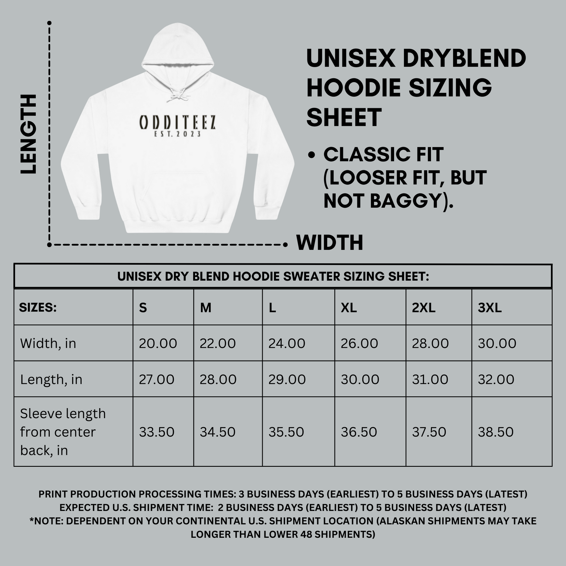 Unisex DryBlend Hoodie Sweater Sizing Sheet