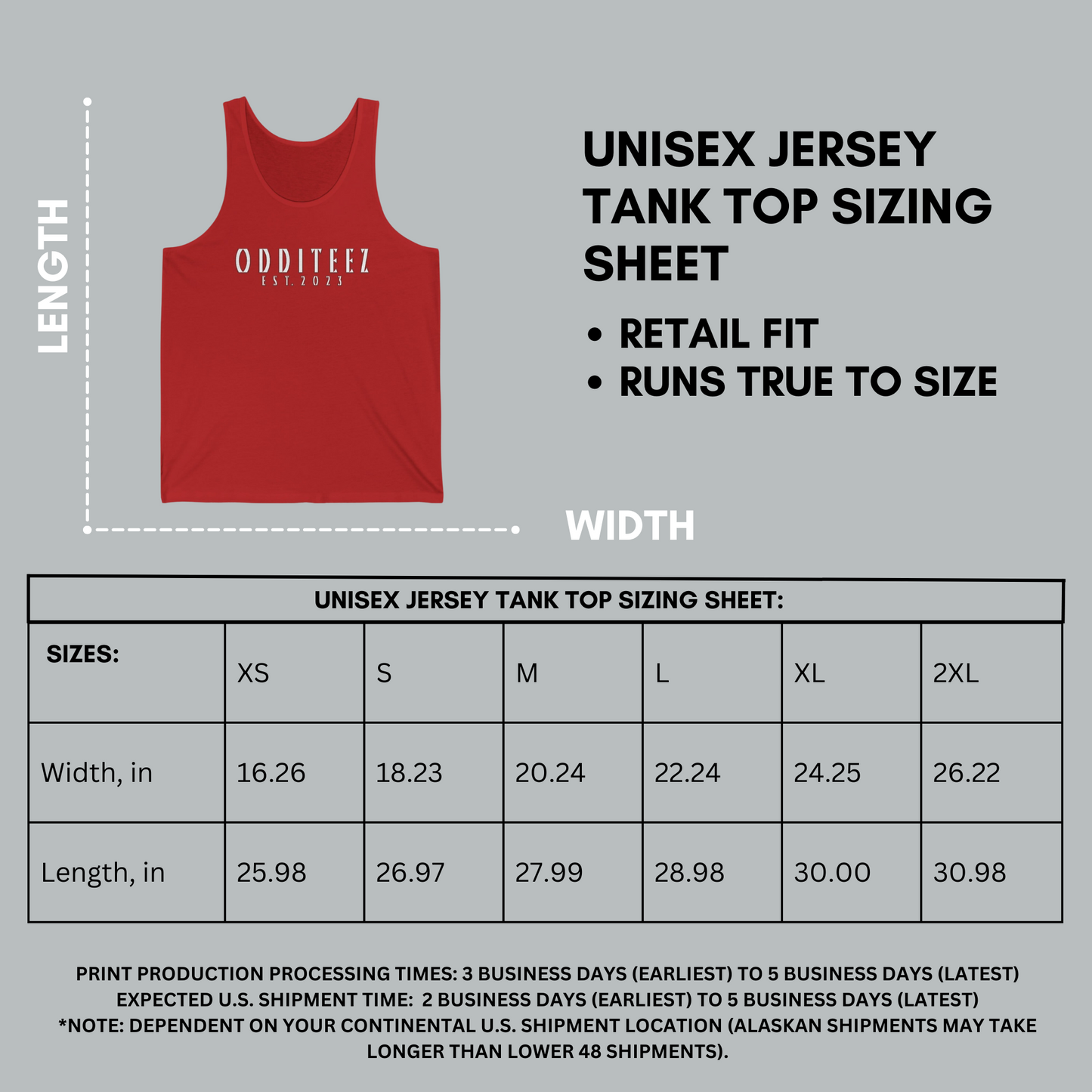 Unisex Jersey Tank Top Sizing Sheet