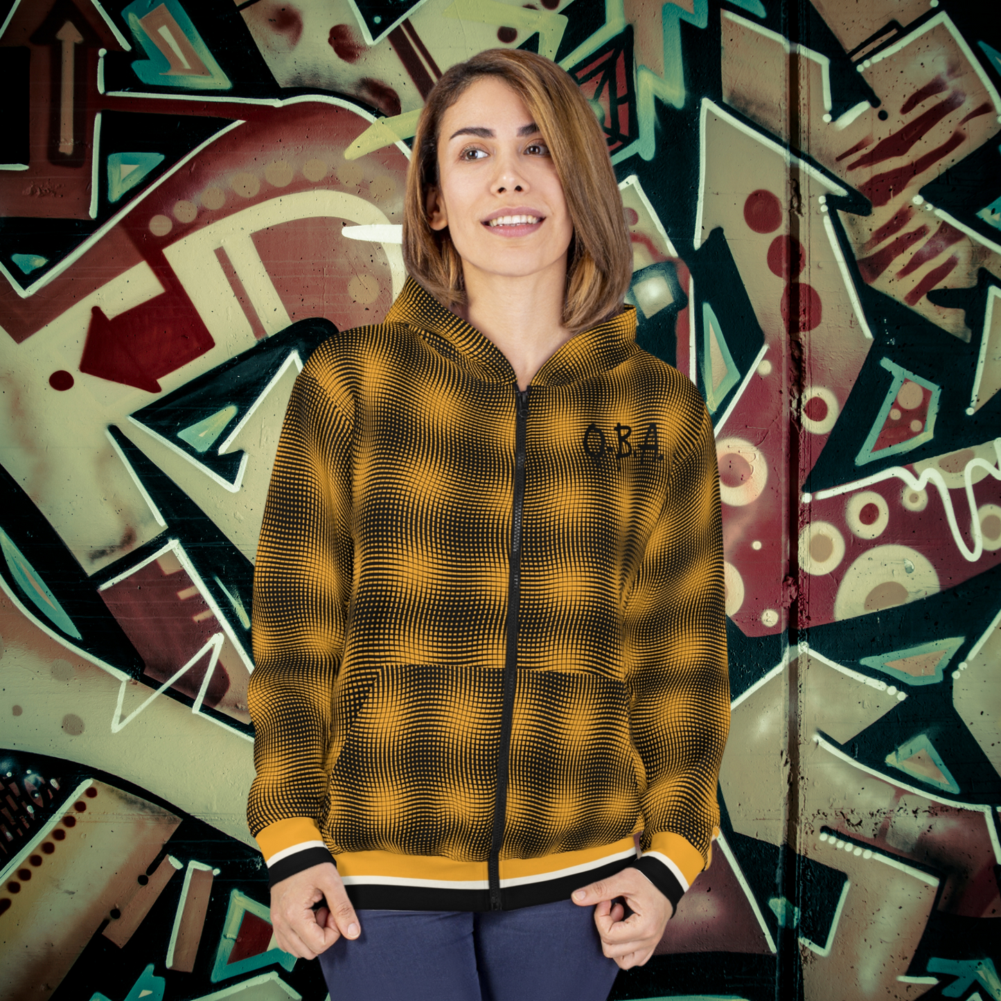 Wavy Vibrational pattern design, Mellow Yellow Premium Unisex AOP Full-Zip Hoodie Sweater Jacket